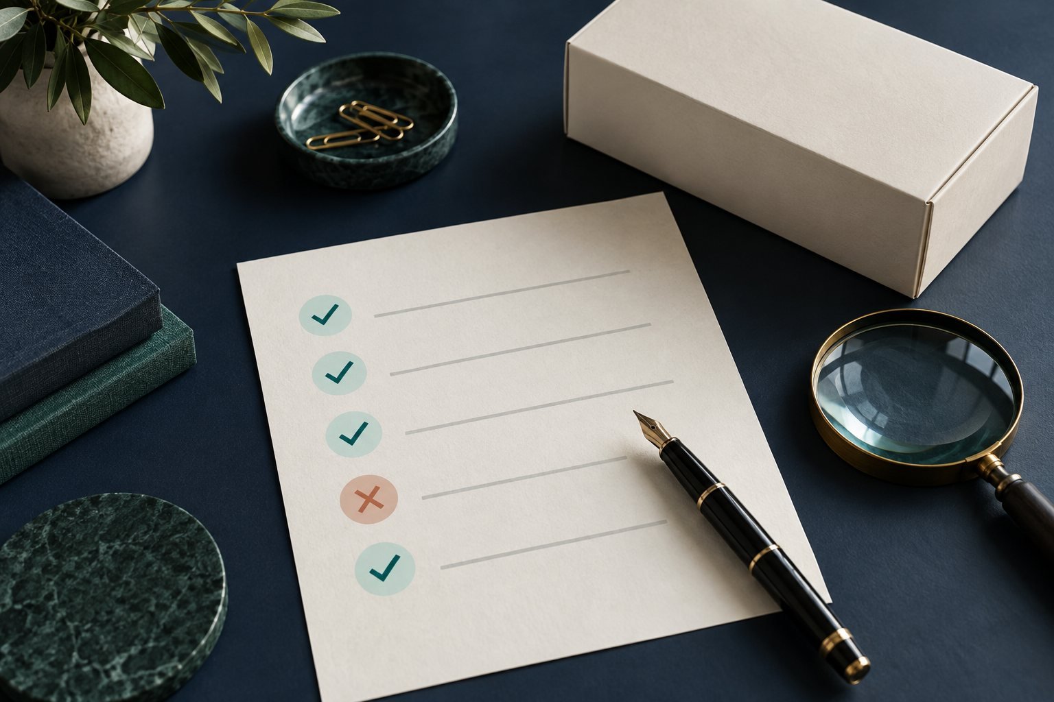 Checklist with teal check marks, a pen, and a magnifying glass on a navy desk